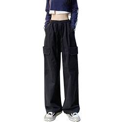 Hewlshawn Damen Cargohose Y2K Baggy Hosen Gothic Vintage Elastische Taille Straight Hose Harajuku Mädchen Streetwear (Black,2XL) von Hewlshawn