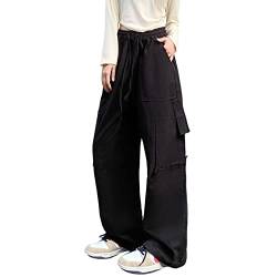 Hewlshawn Damen Cargohose Y2K Baggy Hosen Gothic Vintage Elastische Taille Straight Hose Harajuku Mädchen Streetwear (Black.1,2XL) von Hewlshawn