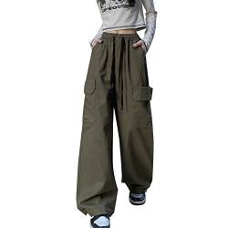 Hewlshawn Damen Cargohose Y2K Baggy Hosen Gothic Vintage Elastische Taille Straight Hose Harajuku Mädchen Streetwear (Green,L) von Hewlshawn