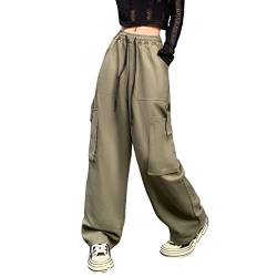 Hewlshawn Damen Cargohose Y2K Baggy Hosen Gothic Vintage Elastische Taille Straight Hose Harajuku Mädchen Streetwear (Green.1,2XL) von Hewlshawn