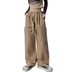 Hewlshawn Damen Cargohose Y2K Baggy Hosen Gothic Vintage Elastische Taille Straight Hose Harajuku Mädchen Streetwear (Khaki,L) von Hewlshawn