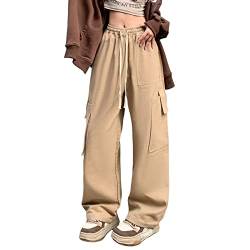 Hewlshawn Damen Cargohose Y2K Baggy Hosen Gothic Vintage Elastische Taille Straight Hose Harajuku Mädchen Streetwear (Khaki.1,M) von Hewlshawn