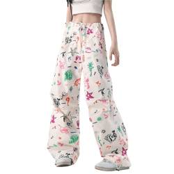 Hewlshawn Damen Hosen Baggy Cargohose Y2K Jogginghose Goth Vintage Sporthose Streetwear Elastische Taille Freizeithose für Frauen 90er (S,Weiß) von Hewlshawn