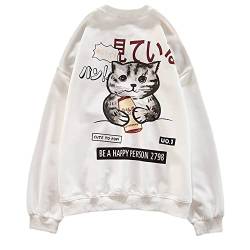 Pullover Sweatshirt Damen Baumwolle Langarm Rundhals Lose Blusen Tops Kawaii Katze Muster Pulli Streetwear Y2k Style (640-White,XL) von Hewlshawn