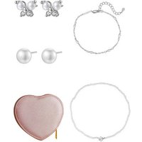 Hey Happiness Ohrring und Ketten Set mit Armband in Etui, 925 Silber Damen Schmuck Perlen, 18K vergoldet, Silber Perle Ketten, Schmetterling Ohrstecker Kristalle klein von Hey Happiness