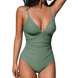 HeyUU Damen Badeanzug Triangel V Ausschnitt Bauchweg Raffungen Einteilige Bademode Bademode Swimsuit Armygrün XXL von HeyUU