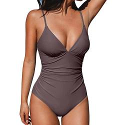 HeyUU Damen Badeanzug V Ausschnitt Bauchweg Raffungen Einteilige One Piece Bademode Bademode Swimsuit Kaffee S von HeyUU