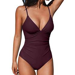 HeyUU Damen Badeanzug V Ausschnitt Bauchweg Raffungen Einteilige One Piece Bademode Bademode Swimsuit Weinrot XL von HeyUU