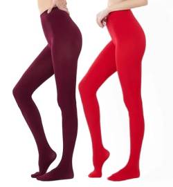 HeyUU Damen Bunte Blickdichte Strumpfhose 80 DEN Microfaser Stützstrumpfhose(Burgundrot/Rot, L-XL) von HeyUU