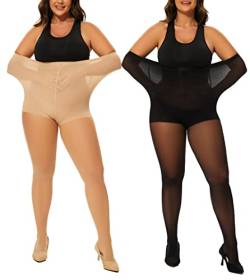 HeyUU Damen Plus Größen Strumpfhose seidige transparente Tummy Control Seidenstrumpfhose mit hoher Taille Schwarz+Beige von HeyUU