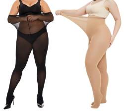 HeyUU Damen Strumpfhose Plus Größen hohe Taille halb transparent Schwarz+Hautfarbe 4XL von HeyUU