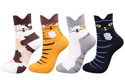 HeyUU Lustige Socken Damen Baumwollsocken Cartoon Kuschelsocken mit bunten Katzengesichtern Mädchen Geschenk 4Paare katze von HeyUU