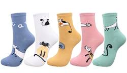 HeyUU Lustige Socken Damen Baumwollsocken Cartoon Kuschelsocken mit bunten Katzengesichtern Mädchen Geschenk 5Paare Katze von HeyUU