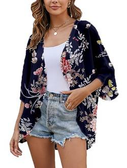 Heynino Damen Chiffon Kimono Strickjacke Florale Strand Schal Leichtes Loses Oberteil Navy Blau XL von Heynino