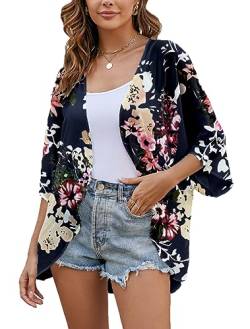 Heynino Damen Florale Chiffon Kimono Strickjacken 3/4 Hülse Strand Cover up Capes Schiere lose Bluse Tops Navy Blau S von Heynino