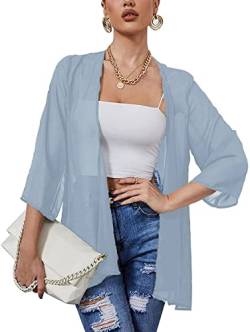 Heynino Damen durchsichtig Chiffon Casual Kimono Cover up Top Leichte Strandjacke Bluse Schal Blau-Grau L von Heynino