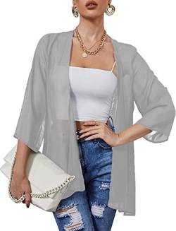 Heynino Damen durchsichtig Chiffon Casual Kimono Cover up Top Leichte Strandjacke Bluse Schal Grau L von Heynino