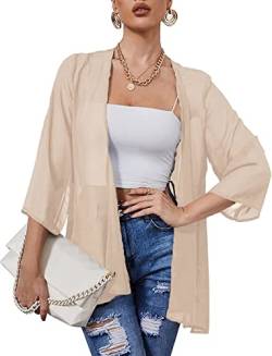 Heynino Damen solide Farbe lässig Kimono Strickjacke Pullover 3/4 Ärmel Strand Cover-up Jacke Khaki L von Heynino