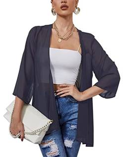 Heynino Damen solide Farbe lässig Kimono Strickjacke Pullover 3/4 Ärmel Strand Cover-up Jacke Navy Blau S von Heynino