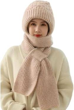 Heyzeibo Integrierter Gehörschutz Winddichte Mütze Schal,Kapuzenschal für Frauen Winter,2 in 1 Maskenschal Strickmütze (Beige) von Heyzeibo