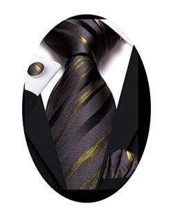 Hi-Tie 160 cm 178 cm Krawatten für Herren Seide extra lange Herren-Krawatten Set und Einstecktuch Manschettenknöpfe Paisley Krawatte Business Hochzeit, 178,8 cm, Schwarz, Gold, geometr, X-Large von Hi-Tie