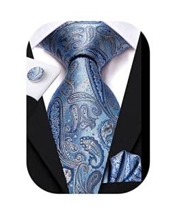 Hi-Tie 160 cm 178 cm Krawatten für Herren Seide extra lange Herren-Krawatten Set und Einstecktuch Manschettenknöpfe Paisley Krawatte Business Hochzeit, Eisblau, Medium von Hi-Tie