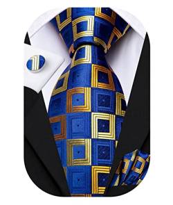 Hi-Tie Blau Gold Herren Krawatte Formales Krawatten Set und Einstecktuch Manschettenknöpfe Königsblau Karierte Krawatten für Herren von Hi-Tie