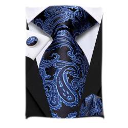 Hi-Tie Blaue Krawatte Formal Paisley Schwarz Blaue Krawatten Set Einstecktuch Manschettenknöpfe Business Party Geschenk Box Paket von Hi-Tie