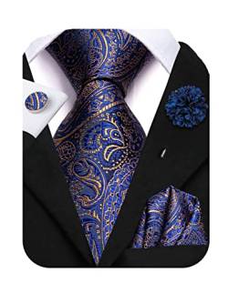 Hi-Tie Blaue und goldene Krawatten für Herren, Seide, Paisleymuster, Herren, Krawatten und Anstecknadeln, Einstecknadeln, quadratische Manschettenknöpfe, Krawatten-Set,Gold Paisleymuster, Medium von Hi-Tie