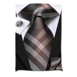 Hi-Tie Brown Plaid Krawatte Einstecktuch Manschettenknöpfe für Herren Business Hochzeit Seidenkrawatten-Sets von Hi-Tie