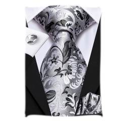 Hi-Tie Grau Schwarz Blume Herren Krawatten Einstecktuch Manschettenknöpfe Gewebte Seidenkrawatten-Sets von Hi-Tie