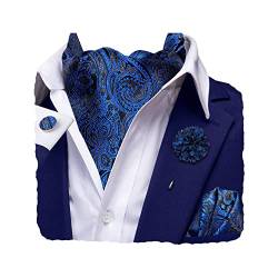 Hi-Tie Herren-Anstecknadel-Set, Krawatte und Blume, Jacquard-Seide, Ascot-Taschentuch, Manschettenknöpfe für Hochzeit, Party, Alltag, blau/schwarz, Medium von Hi-Tie