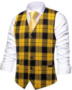 Hi-Tie Herren Anzug Weste Plaid Kariert V-Ausschnitt Einreiher Formale Business Hochzeit für Smoking Kleid Weste, Gelb / Schwarz kariert, Large von Hi-Tie