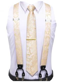 Hi-Tie Herren Hosenträger und Krawatte Set Verstellbare Y-Hosenträger Einstecktuch Set 6 Clips für Hochzeit Abschlussball, Beige, M von Hi-Tie