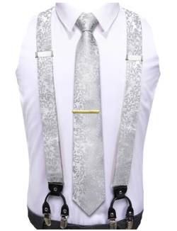Hi-Tie Herren Hosenträger und Krawatte Set Verstellbare Y-Hosenträger Einstecktuch Set 6 Clips für Hochzeit Abschlussball, silber, M von Hi-Tie