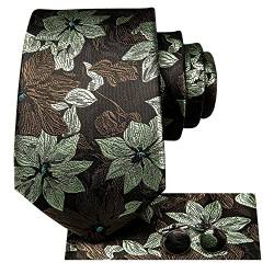 Hi-Tie Herren-Krawatte, braun, grün, Blume, gewebt, Seide, Einstecktuch, Manschettenknöpfe, Business-Party von Hi-Tie