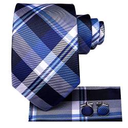 Hi-Tie Herren Krawatte Blau Weiß Kariert Krawatten Set Einstecktuch Manschettenknöpfe Gewebte Seidenkrawatte für Herren Formal von Hi-Tie