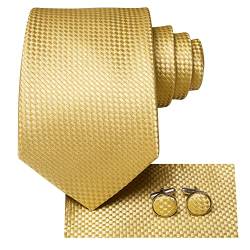 Hi-Tie Herren Krawatte Gold Set Gewebte Seide Einstecktuch Manschettenknöpfe Karierte Krawatten für Hochzeit Business Formal von Hi-Tie