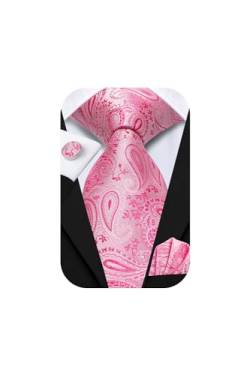 Hi-Tie Herren Krawatten-Set, 178 cm, Seide, Krawatte, Taschentuch, Manschettenknöpfe, Set für Business Hochzeit Party, Rosa Paisley, Medium von Hi-Tie