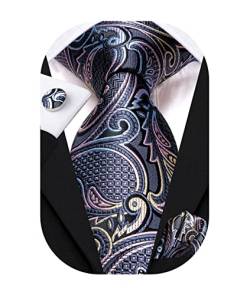 Hi-Tie Herren-Krawatten-Sets Taschentuch-Manschettenknöpfe Graue Seidenkrawatten Multicolor-Krawatte von Hi-Tie