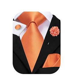 Hi-Tie Herren-Manschettenknöpfe aus Seide, Krawatte und Einstecktuch, Jacquard, Hochzeit, Business, Krawatte für formelle Anlässe, Orange, M von Hi-Tie