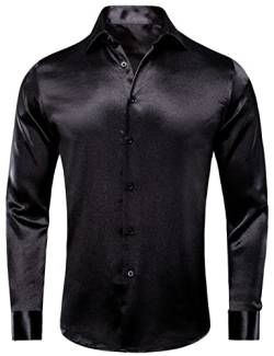 Hi-Tie Herrenhemden aus Seide, Paisleymuster, einfarbig, 4-Wege-Stretch, knitterfrei, langärmelig, lässig, Button-Down-Shirt, S-3XL, Silk Solid Black, L von Hi-Tie