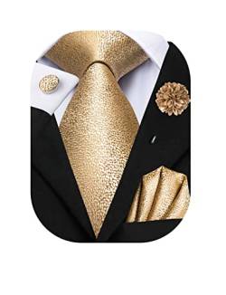 Hi-Tie Klassische Herren Krawatte Blume Revers Pin Set Seide gewebte Krawatte Einstecktuch Manschettenknöpfe Rot Rosa Gold Blau Hochzeit Krawatte, Deep Gold, M von Hi-Tie
