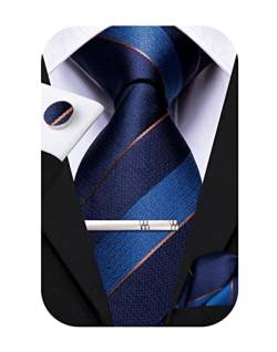 Hi-Tie Klassisches Herren-Seidenkrawatten-Set, 4-teilig, Krawatte, Einstecktuch, Manschettenknöpfe, Clip-Pin, solide Streifen, Paisley-Krawatte, Marineblau gestreift, M von Hi-Tie