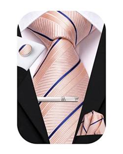 Hi-Tie Klassisches Herren-Seidenkrawatten-Set, 4-teilig, Krawatte, Einstecktuch, Manschettenknöpfe, Clip-Pin, solide Streifen, Paisley-Krawatte, rosa, blau, M von Hi-Tie
