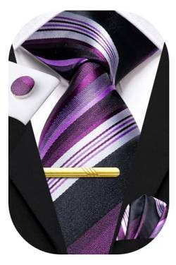 Hi-Tie Krawatten-Set für Herren, Krawatte, Einstecktuch, Hochzeit, formelle Manschettenknöpfe, Krawattenklammer, 4-teiliges Set, 01 - Schwarz / Lila / Streifen, M von Hi-Tie
