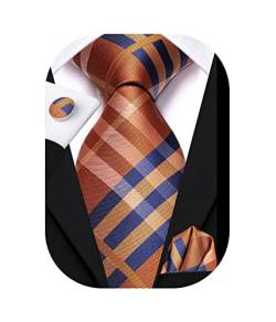 Hi-Tie Krawatten für Herren, 160 cm, 178 cm, Seide, extra lang, Herren-Krawatten-Set und Einstecktuch, quadratisch, Paisley-Krawatte, Business, Hochzeit, 177,8 cm marinebraunes Karomuster, X-Large von Hi-Tie