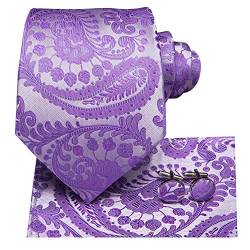 Hi-Tie Lila Paisley Krawatte für Hochzeit Seidenkrawatten Set Einstecktuch Manschettenknöpfe Party Gathering Geschenkbox von Hi-Tie