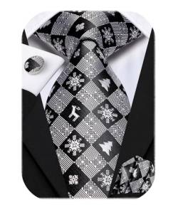 Hi-Tie Man Plaid Christmas Tie Set Schwarz Weiß Gewebte Seidenkrawatte Einstecktuch Manschettenknöpfe für Formal Business von Hi-Tie