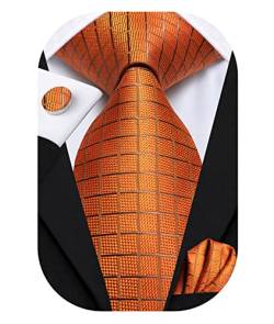 Hi-Tie Orange Krawatte Herren Krawatte Orange Karierte Krawatten Einstecktuch Manschettenknöpfe Seidenkrawatte Hochzeit Business Formelle Krawatte von Hi-Tie